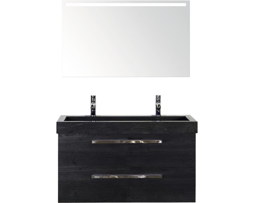 Ensemble de meubles de salle de bains Sanox Seville couleur de façade black oak lxhxp 101x170x45.5 cm avec lavabo en pierre naturelle et miroir avec éclairage LED
