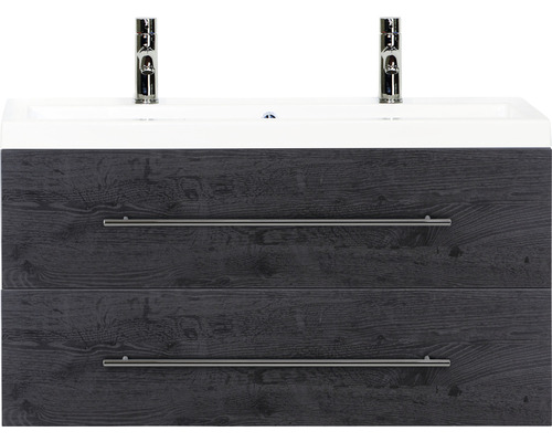 Set de meubles de salle de bains Sanox Straight lxhxp 100 x 55 x 40 cm couleur de façade black oak avec vasque en fonte minérale blanc