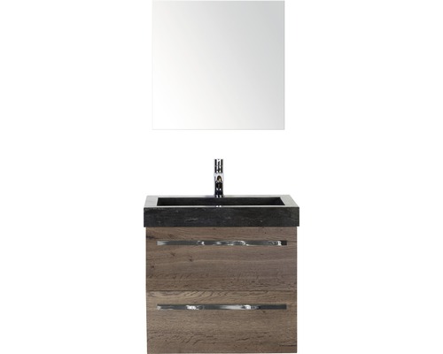 Ensemble de meubles de salle de bains Sanox Seville couleur de façade tabacco lxhxp 61x170x45.5 cm avec lavabo en pierre naturelle et miroir