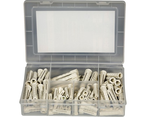 Assortiment de chevilles en plastique dans un coffret de rangement