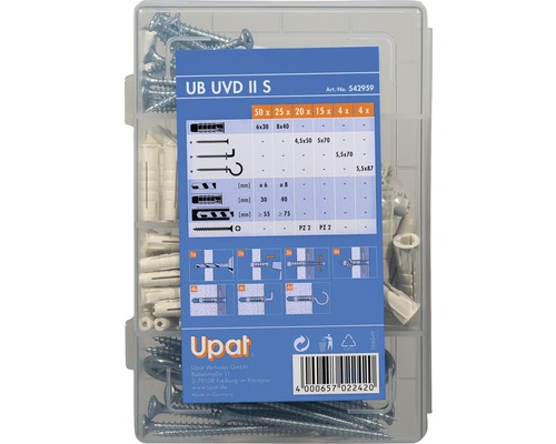 Assortiment de chevilles et de vis Upat dans une boîte d''assortiment