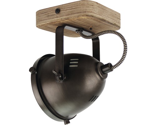 Deckenleuchte mit Holzsockel und verstellbarem Metalllampenschirm