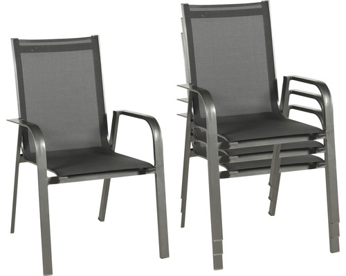 Stapelbarer Gartenstuhl mit Armlehnen, aus Metall und Textilgewebe, zur platzsparenden Aufbewahrung