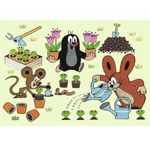 Illustration von Maulwurf, Hase und Maus bei der Gartenarbeit mit Pflanzen, Erde und Werkzeugen.