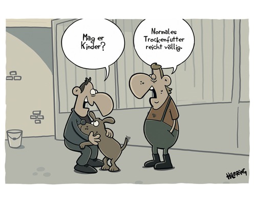Carte postale Mag er Kinder? Normales Trockenfutter reicht völlig 14,8x10,5 cm Scène de dessin animé avec deux hommes et un chien parlant de nourriture pour chiens