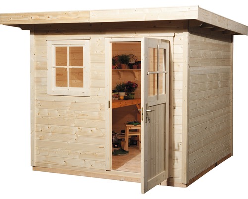 Abri de jardin en bois avec fenêtre et porte ouverte