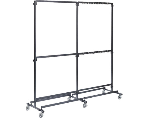 Présentoir à textiles réglable avec roulettes pour une utilisation dans le commerce de détail.