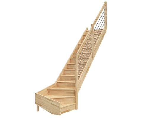 Escalier à limon latéral escalier de meunier Pertura Elenie hêtre bois lamellé-collé avec contremarches 1/4-tournant en bas à droite 16 marches / 17 pas de marche