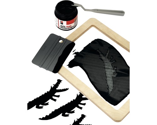 Textildruck-Set mit Farbe, Rakel, Spachtel und Siebdruckrahmen zur Textilveredelung