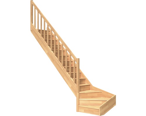Escalier à limon latéral escalier de meunier Pertura Elenie hêtre bois lamellé-collé avec contremarches 1/4-tournant en bas à gauche 16 marches / 17 pas de marche garde-corps à barres verticales