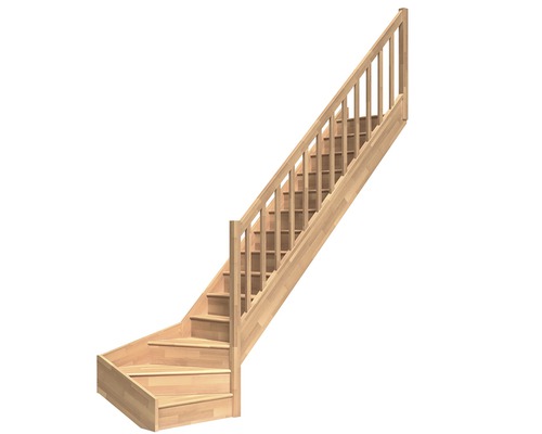 Escalier à limon latéral escalier de meunier Pertura Elenie hêtre bois lamellé-collé avec contremarches 1/4-tournant en bas à droite 16 marches / 17 pas de marche garde-corps à barres verticales