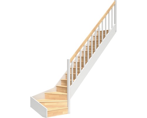 Escalier à limon latéral escalier de meunier Pertura Elenie hêtre bois lamellé-collé avec contremarches 1/4-tournant en bas à droite 16 marches / 17 pas de marche garde-corps à barres verticales