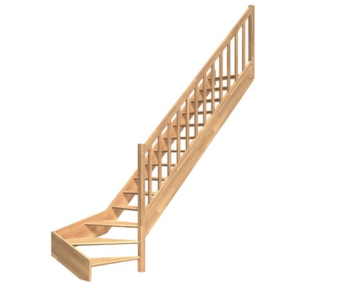 Escalier à limon latéral Pertura Elenie hêtre bois lamellé-collé sans contremarches 1/4 tournant en bas à droite 16 marches/17 pas de marche garde-corps à barres verticales