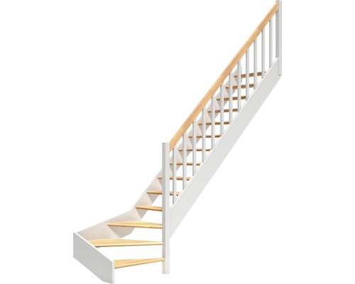 Escalier à limon latéral escalier de meunier Pertura Elenie hêtre bois lamellé-collé sans contremarches 1/4-tournant en bas à droite 16 marches / 17 pas de marche garde-corps à barres verticales