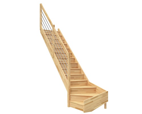 Escalier à limon latéral escalier de meunier Pertura Elenie hêtre bois lamellé-collé avec contremarches 1/4-tournant en bas à gauche 16 marches / 17 pas de marche garde-corps à barres horizontales