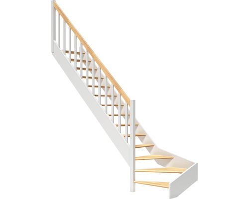Escalier à limon latéral escalier de meunier Pertura Elenie hêtre bois lamellé-collé sans contremarches 1/4-tournant en bas à gauche 16 marches / 17 pas de marche garde-corps à barres verticales
