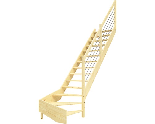 Escalier à limon latéral escalier de meunier Pertura Elenie épicéa massif sans contremarches 1/4-tournant en bas à droite 16 marches / 17 pas de marche
