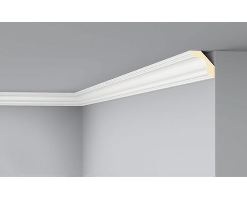 Deckenleiste F2, 1 x 2 m, 55 x 55 mm Zimmeransicht mit angebrachter Zierleiste