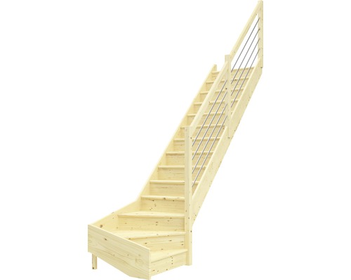 Escalier à limon latéral escalier de meunier Pertura Elenie épicéa massif avec contremarches 1/4-tournant en bas à droite 16 marches / 17 pas de marche