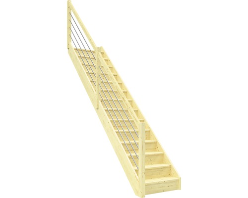 Escalier à limon latéral escalier de meunier Pertura Elenie épicéa massif avec contremarches droit 14 marches / 15 pas de marche garde-corps à barres horizontales
