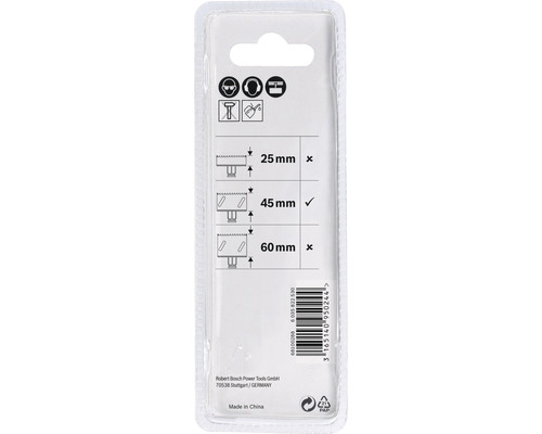 Dos de l''emballage avec indications de taille pour une scie trépan