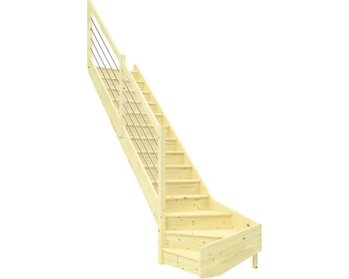 Escalier à limon latéral Pertura Elenie épicéa massif avec contremarches 1/4-tournant en bas à gauche 16 marches / 17 pas de marche