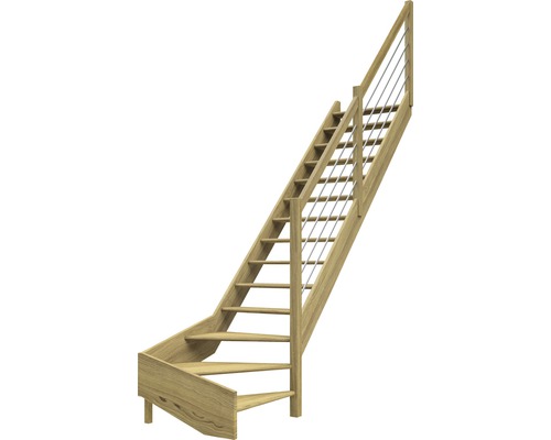 Escalier à limon latéral escalier de meunier Pertura Elenie chêne sans contremarches 1/4-tournant en bas à droite 16 marches / 17 pas de marche garde-corps à barres horizontales