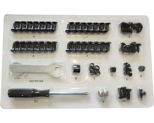 Assortiment de vis, écrous et outils dans un emballage plastique