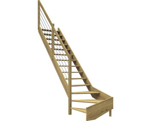 Escalier à limon latéral escalier de meunier Pertura Elenie chêne sans contremarches 1/4-tournant en bas à gauche 16 marches / 17 pas de marche garde-corps à barres horizontales