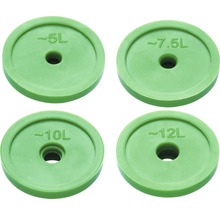 Vier grüne Pflanzenscheiben mit unterschiedlichen Größenangaben in Litern