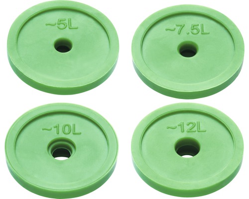 Vier grüne Pflanzenscheiben mit unterschiedlichen Größenangaben in Litern
