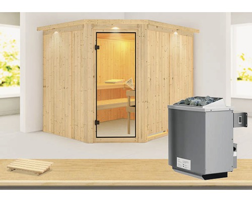 Sauna modulaire Karibu Malina avec poêle 9 kW, avec commande intégrée et couronne