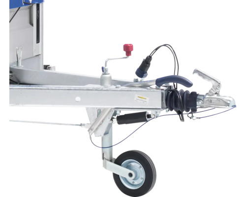 Roue de support Humbaur avec matériel de fixation pour remorque 655x255 mm Vue détaillée d''un attelage de remorque avec roue jockey