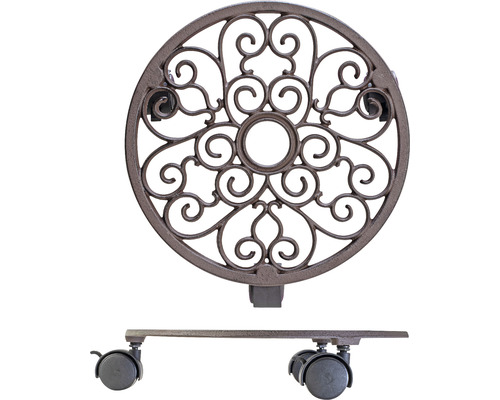 Support à roulettes pour plantes en métal avec surface décorée