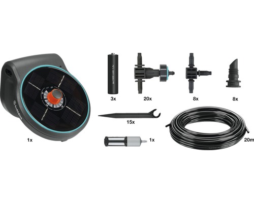 Kit d''arrosage de vacances Gardena avec programmateur d''arrosage, piles, raccords, goutteurs finaux, tuyau et accessoires