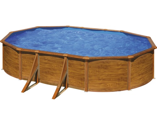 Stahlwandpool-Set Planet Pool Solo oval 610x375x132 cm inkl. Sandfilteranlage, Einbauskimmer, Leiter, Filtersand & Anschlussschlauch Holzoptik