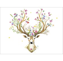 Illustration d''un cerf avec des bois ornés de fleurs et de petits oiseaux