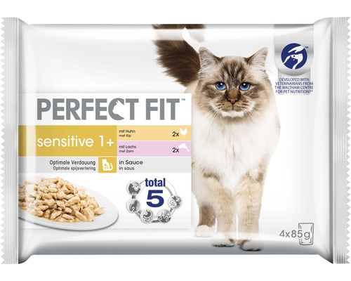 Nourriture pour chats Perfect Fit 1+ Sensitive poulet et saumon 4x85 g
