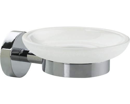 Seifenschale zur Wandmontage mit Halterung aus Metall und Schale aus Glas