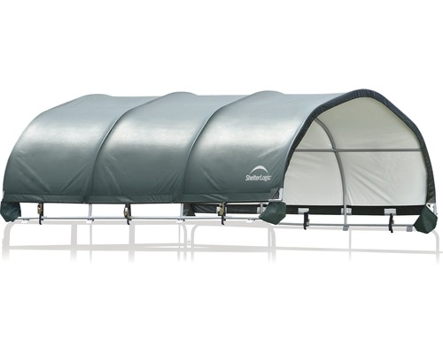 Logo ShelterLogic sur une tente de stockage avec armature en acier et bâche