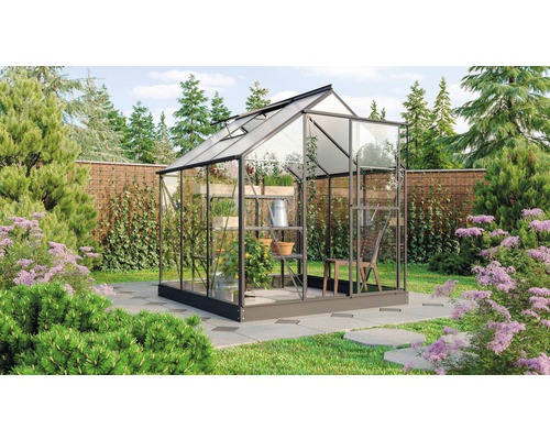 Serre Vitavia Triton 3800 verre de sécurité trempé 3 mm fondation et gouttière comprises, porte coulissante ou battante 198x193 cm noir