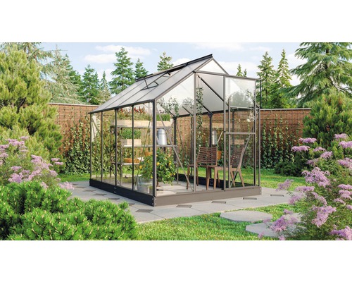 Serre Vitavia Triton 5000 verre de sécurité trempé 3 mm fondation et gouttière comprises, porte coulissante ou battante 198x256 cm noir