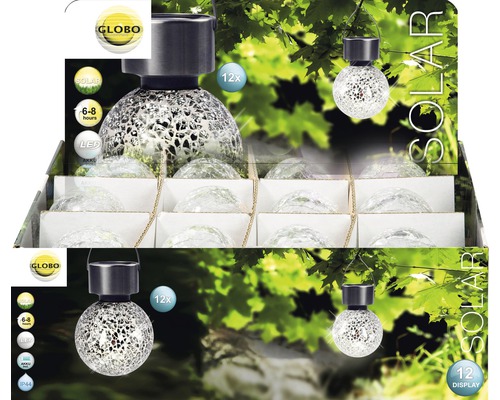 Display mit zwölf Solarleuchten in Kugelform für den Aussenbereich