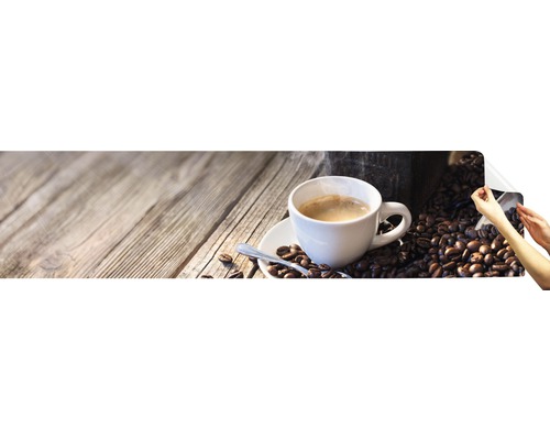 Image murale avec motif de café, tasse, grains et table en bois