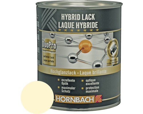 Hybridlack in einer Dose mit Farbbeispiel und Hornbach Logo