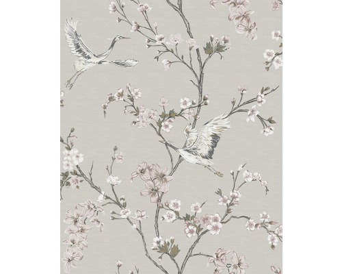 Papier peint intissé 108212 Fleurs de cerisier beige rose Papier peint avec motif de grues et de fleurs