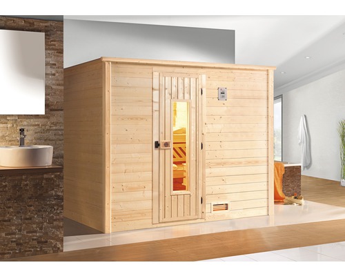 Sauna en bois massif Weka Bergen taille 3 avec poêle 7,5 et commande numérique, avec porte en bois et verre isolant thermiquement