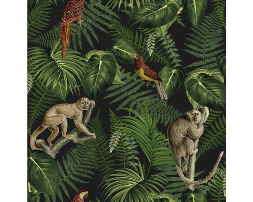 Tapete mit Dschungelmotiven, einschließlich Affen, Vögel und üppiges Grün