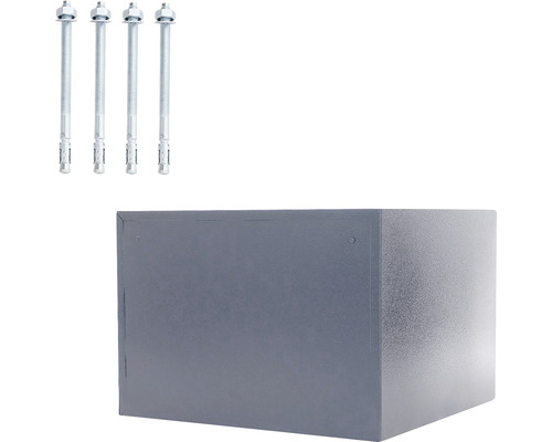 Habillage de boîtier mural gris en tôle avec quatre boulons d''ancrage
