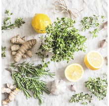 Composition avec citron, gingembre, ail, romarin et thym